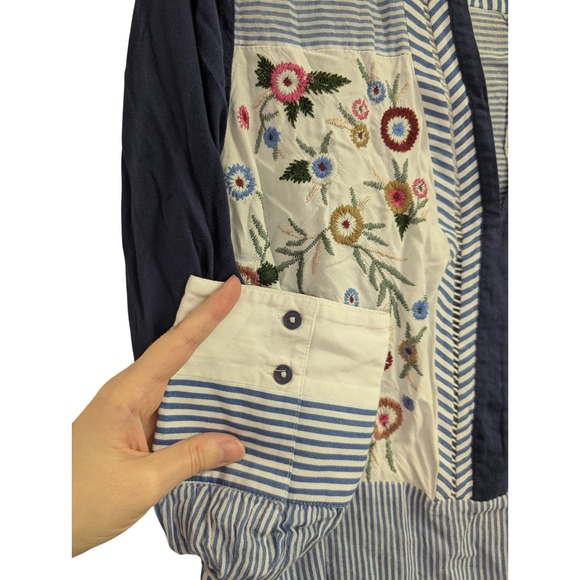 Chico's Floral Embroidery Pinstripe Blouse Mixed Media Peasant Top Boho 2 XL - Picture 6 of 8